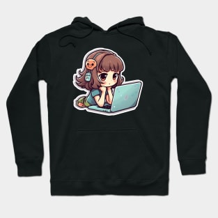 Kawaii Anime girl using laptop Hoodie